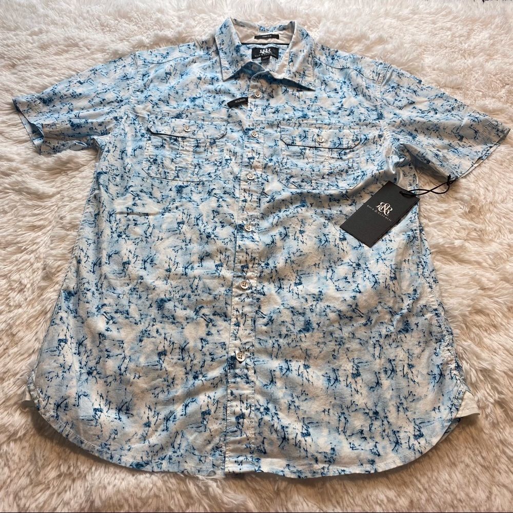 Rock & Republic White And Blue Men’s Short Sleeve Button Down Shirt Size Small